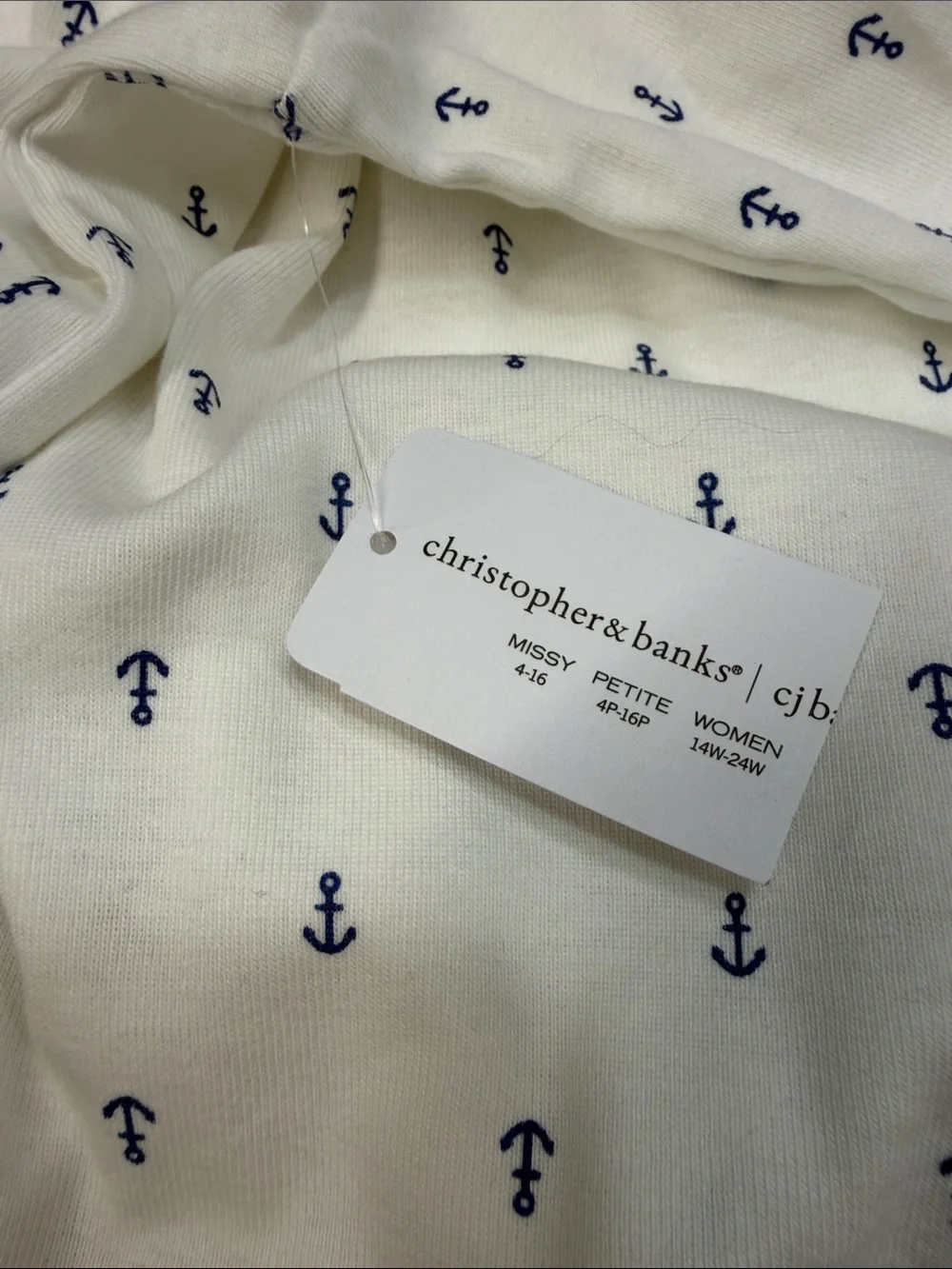 CJ Banks NWT White 3/4 Sleeve Tee with Navy Anchor Print Size 2X